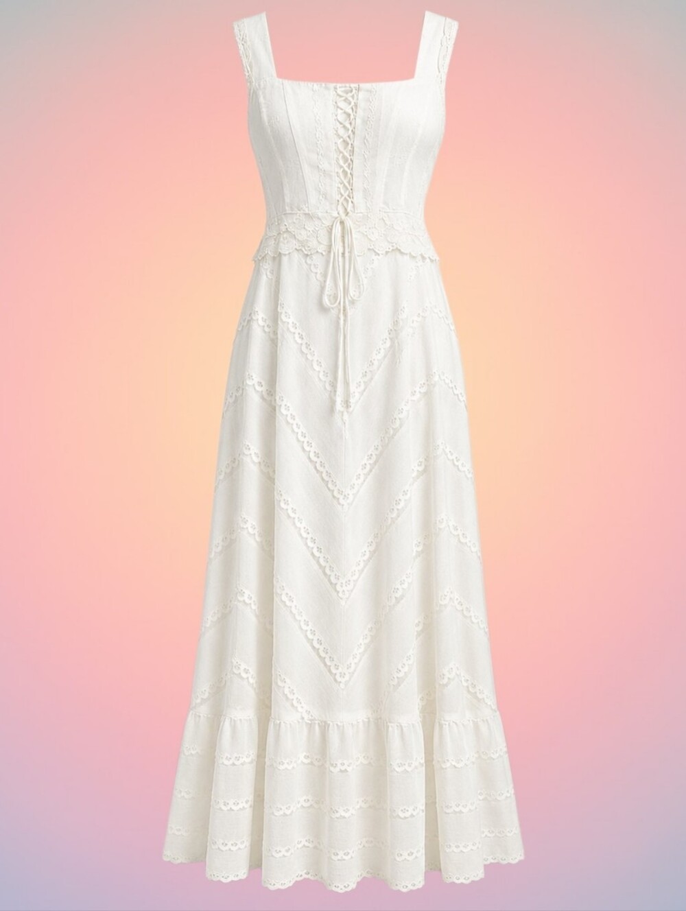 Vintage 70s White Lace Prairie Maxi Dress Corset Cottagecore S/M